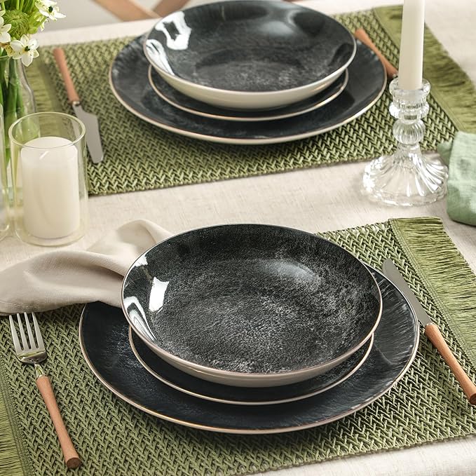 Christian Siriano Onyx 24-Piece Dinnerware Set Porcelain Plates and Bowls Set Hand Wash Dish Dish Set for 8 Black and Gold