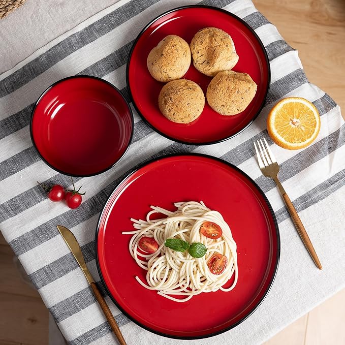 LEHAHA Melamine 12-Piece Modern Dinnerware Set Kitchen Plates and Bowls Sets Luxury 2 tone Red and Black Ceramic look Dish Set for 4.Christmas Luxury dinnerware dishes set.