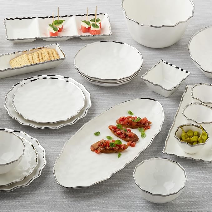 Regency Silver 16-Piece Porcelain Dinnerware Set – Elegant Silver-Trimmed Plates Bowls &amp Mugs – Service for 4 – Durable Dishwasher-Safe Tableware for Everyday Dining &amp Special Occasions