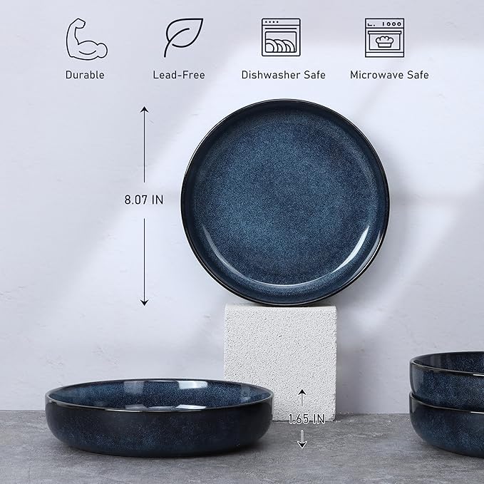 E-far Dinnerware Sets for 4 16-Piece Stoneware Plates and Bowls Set Reactive Glaze Dishes Dinning Ware Set Chip &amp Scratch Resistant Microwave &amp Dishwasher Safe - Deep Sea Blue