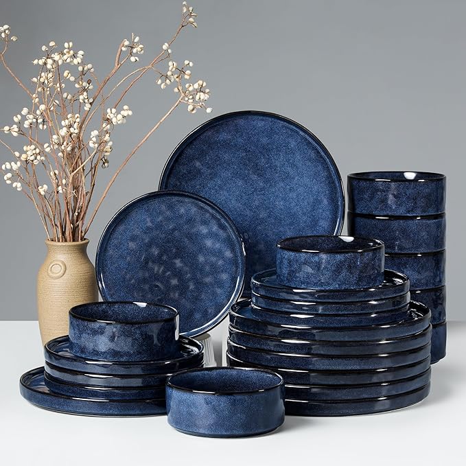 HaWare Dinnerware Sets 24-Piece Plates and Bowls Set Stoneware Dish Set for 8 Ceramic Dinnerware for Home Restaurant Chip and Scratch Resistant Microwave and Dishwasher Safe Reactive Starry Blue
