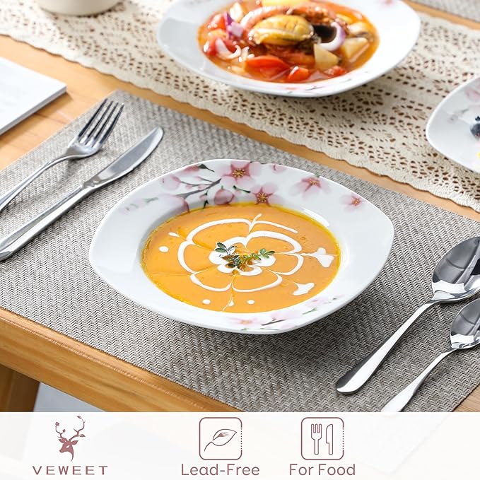 VEWEET Series Annie 48-Piece Ivory White Ceramic Porcelain Dinnerware Set with Pink Floral Pattern - Service for 12