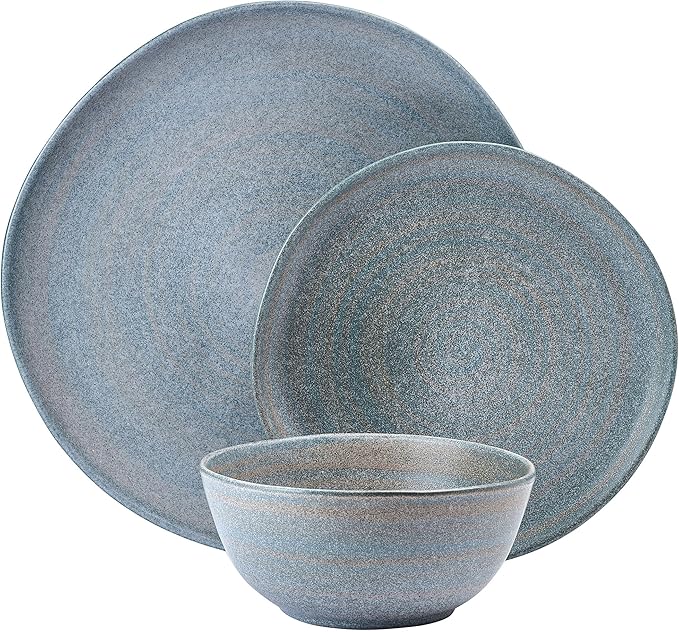Mikasa Benson 12 Piece Stoneware Dinnerware Set Service for 4 Plate and Bowl Modern with Organic Freeform Shape for Everyday Dining Blue