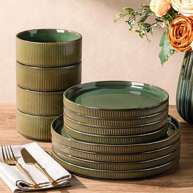 GBHOME Stoneware Dinnerware Sets for 4 12 Pieces Ceramic Ribbed Plates and Bowls Set Reactive Glaze Stackable Plate Sets Scratch Resistant Dishes Microwave &amp Dishwasher Safe Sage Green