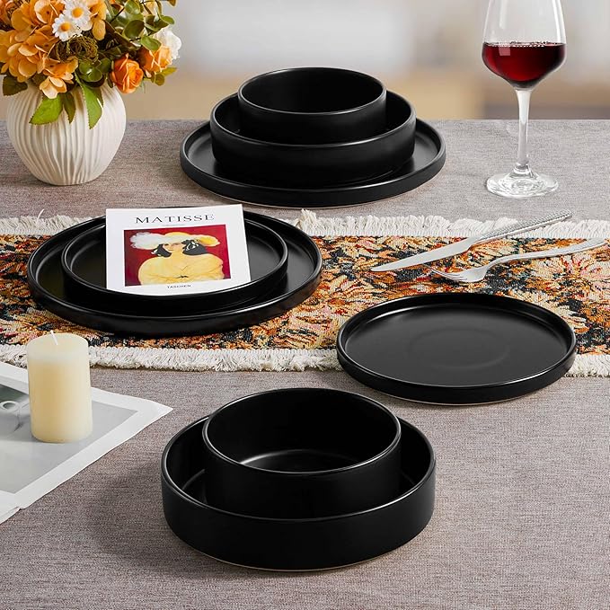 Herogo Dinnerware Sets with Pasta Bowls for 2 8 Piece Dinner Salad Plates and Cereal Bowls Stoneware Serving Dishes Dinner Ware for Home Kitchen Dishwasher &amp Microwave Safe Dishware Matte Blac