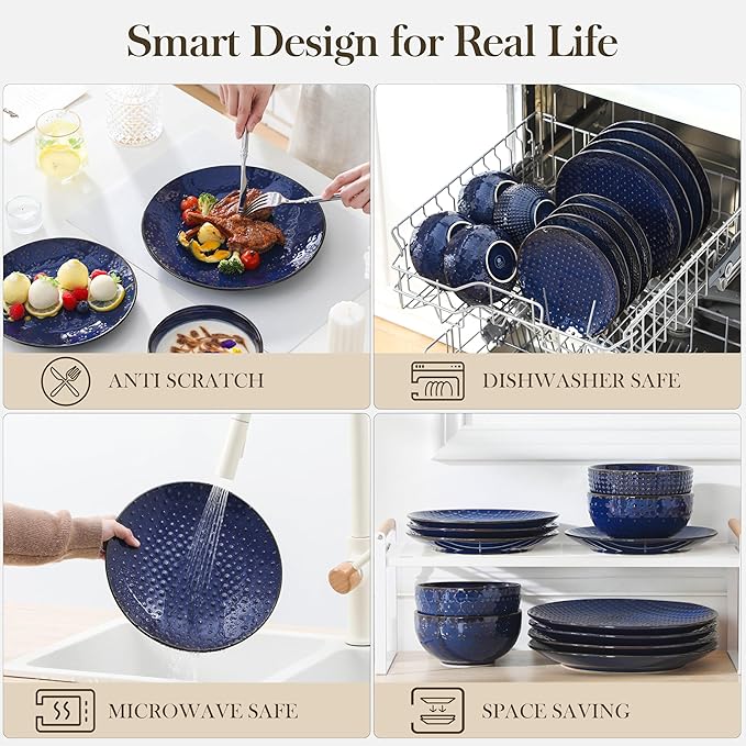 MALACASA 12 Pieces Dinnerware Sets Modern Plates and Bowls Sets Blue Dish Set for 4 Kitchen Ceramic Dinner Plates Dishware Set Microwave and Dishwasher Safe Series LYDIA