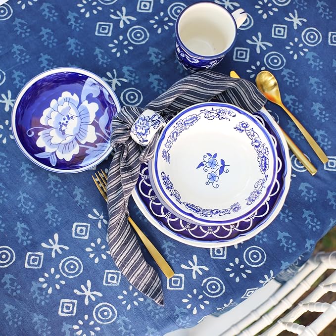 Euro Ceramica Blue Garden 16 Piece Oven Safe Hand Painted Stoneware Dinnerware Set Service for 4 Bold Vase Design/Floral Pattern White and blue