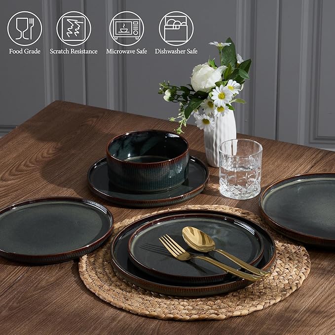 E-far 12-Piece Plates and Bowls Sets and 35oz Pasta Bowls Set of 4 bundle Stoneware Dinnerware Dishes Sets for 4 Kitchen Modern Dining Dishware Bowl Plate Blackish Green