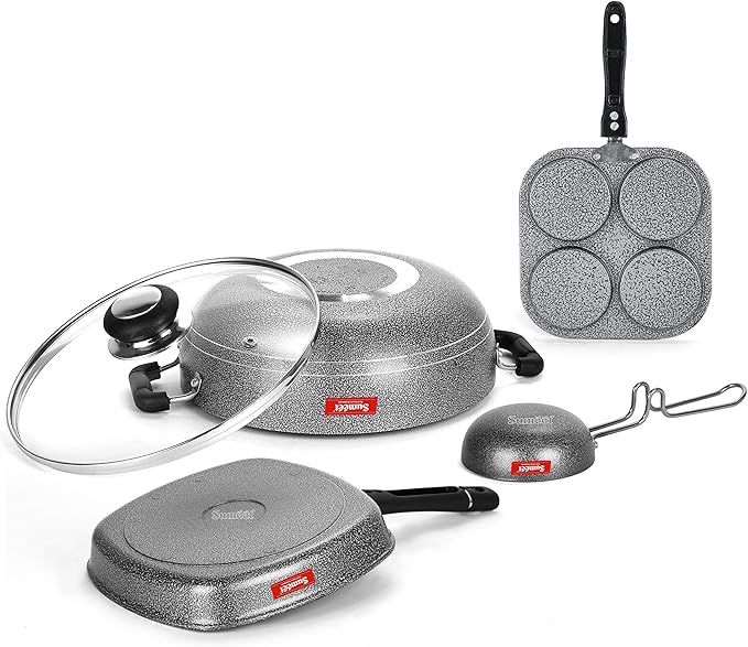 Sumeet NonStick Fekete Cookware Set (Mini Multi Snack Maker - 4 Cavity -19.5cm + Kadhai with Glass Lid -2Ltr - 22Cm Dia + Grill Pan-22cm Dia + Waghariya/Tadka pan - 190Ml - 10Cm Dia)