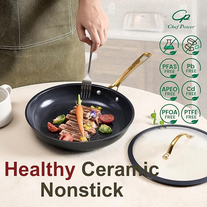 Chef Power Ceramic Cookware Sets 10Pcs Pots and Pans Set Non Stick Cookware Set with Stainless Steel Handle Dishwasher &amp Oven Safe Stone Black and Light Gold Handle