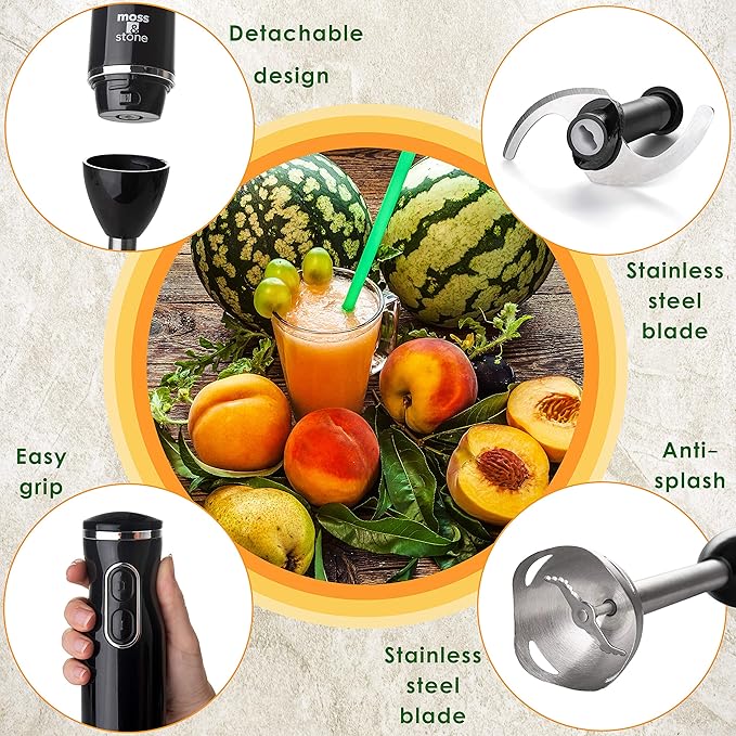 Moss &amp Stone Electric Hand Blender Set 300W Immersion Hand Blender with Whisk and Chopper Stainless Steel Shaft and Blades 2-Speed Handheld Mixer with Ergonomic Grip Black