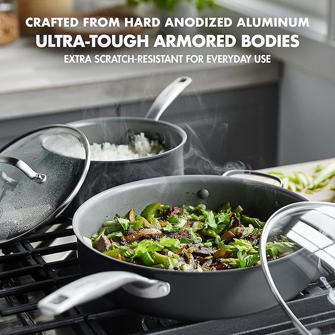 GreenPan Chatham Hard Anodized Healthy Ceramic Nonstick 10 Piece Cookware Pots and Pans Set Frying Pan Skillets Saucepans Saute Pan Stockpot Lids PFAS-Free Dishwasher &amp Oven Safe Gray