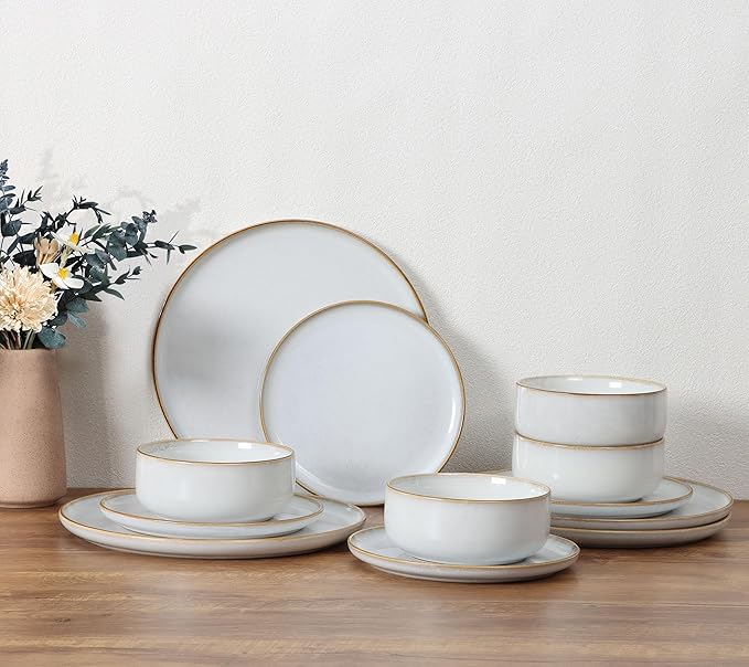 E-far Dinnerware Sets for 4 16-Piece Stoneware Plates and Bowls Set Reactive Glaze Dishes Dinning Ware Set Chip &amp Scratch Resistant Microwave &amp Dishwasher Safe - Seashell White