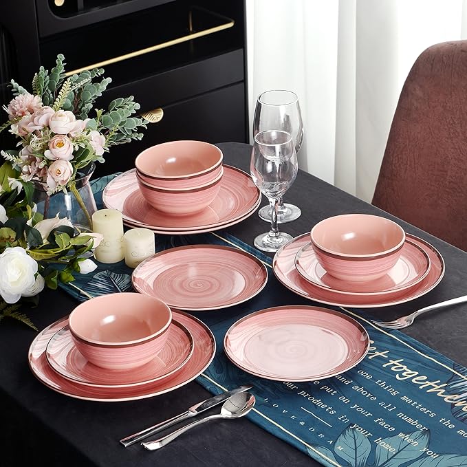 12Pcs Melamine Dinnerware Set Plates And Bowls Sets for 4 Pink Color Dinnerware Sets Melamine Plates Bowls Indoor and Outdoor Use Dish Set Dishwasher Safe BPA Free(Pink)