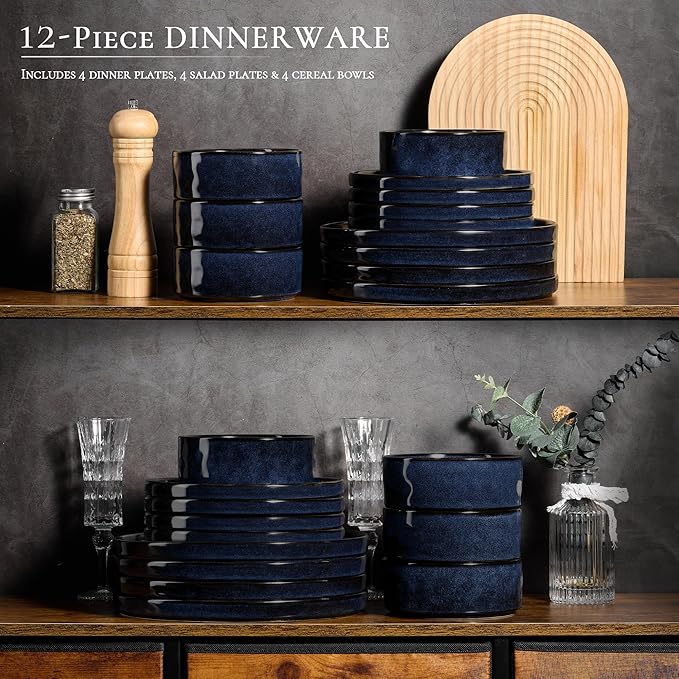 Vesteel Dinnerware Sets 12-Piece Stoneware Plates and Bowls Set Dishes Set for 4 Elegant Ceramic Dinnerware for Home Restaurant - Ocean Blue