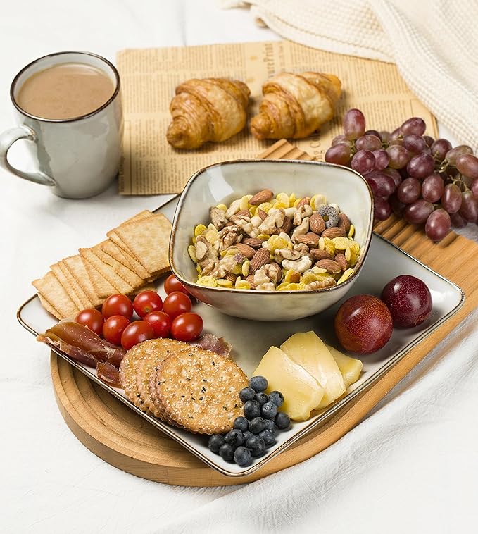 Famiware Ocean Square Plates and Bowls Sets for Kitchen 16-Piece Dinnerware Sets for 4 Mug Set for 4 Grey