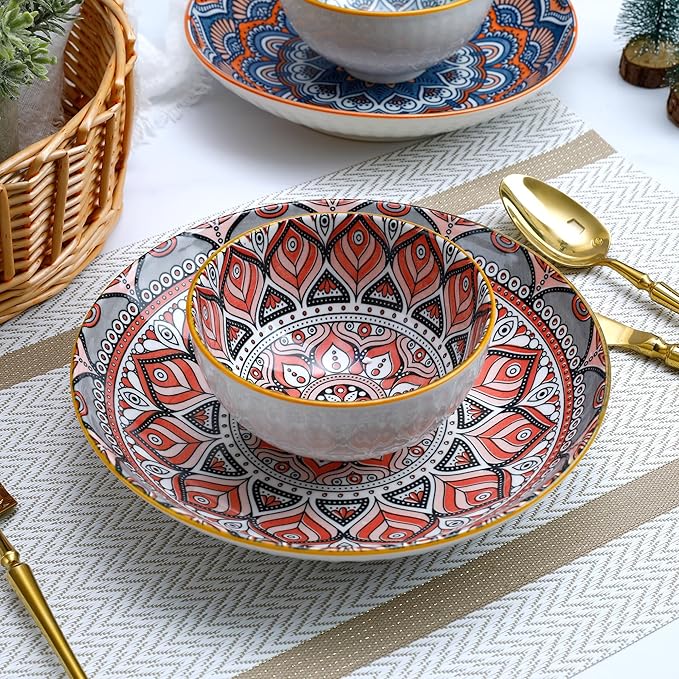 Bohemian Porcelain Dinnerware Set 14-Piece Plates &amp Bowls for 2 Microwave &amp Dishwasher Safe Unique Pattern Gift Set