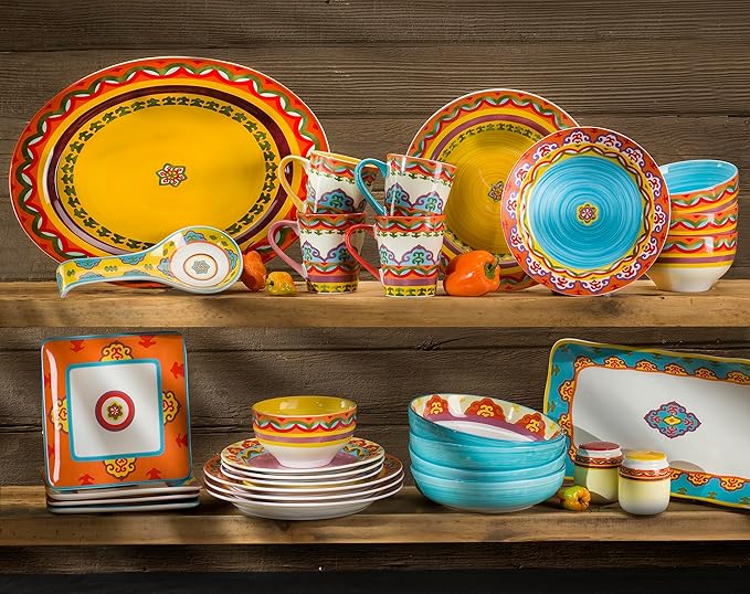 Euro Ceramica EC-GAL-1001 Galicia Collection Andalusian-Inspired 16 Piece Dinnerware Set Vibrant Assorted Patterns Multicolor