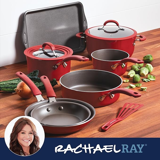 Rachael Ray Cook + Create Nonstick Cookware/Pots and Pan Set 10 Piece Red