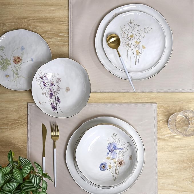Sango 12-Piece Luxury Porcelain Dinnerware Set for 4- Glossy White Plates and Bowls Sets with Wildflower Patterns and Gold Rims Ceramic Dish Set Elegant Dishes for Everyday Dining Gansevoort