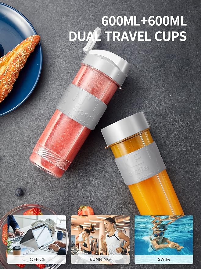 Personal Blender Electric Shake Bottle with 2 x 20oz Travel Bottle and Coffee/Spices Jar Portable Shaker Cups for Protein Shakes 500W Single Serve Blender for Shakes and Smoothies Sports(Grey)