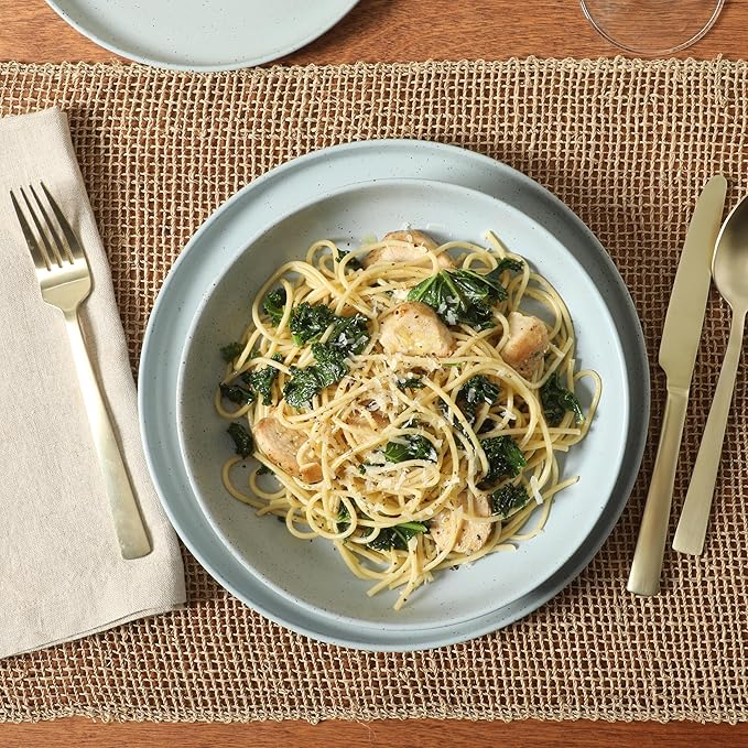 Gibson Elite Overbrook 16-Piece Pottery Clay Stoneware Dinnerware Set – Light Blue Reactive Glaze Stackable Plates and Bowls w/Pasta Bowl Service for 4 – Microwave &amp Dishwasher Safe