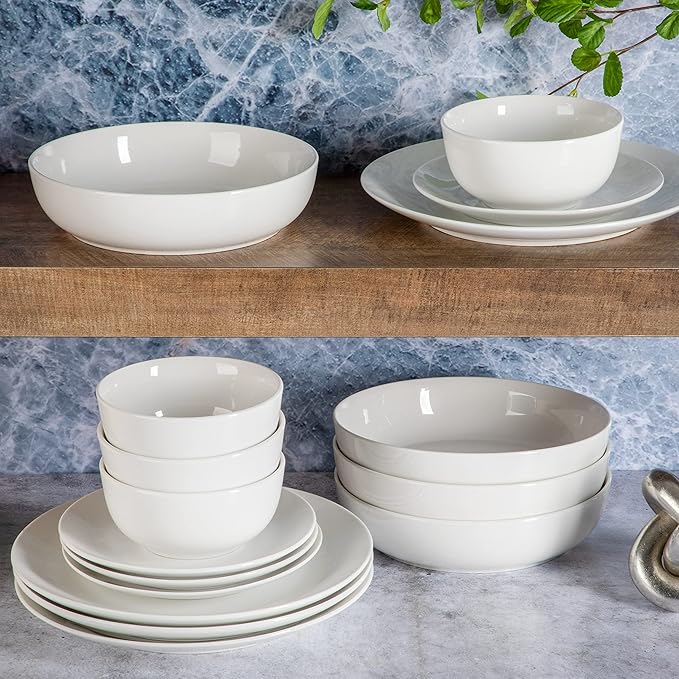 Gibson Home Gracious Dining Double Bowl Porcelain Chip and Scratch Resistant Dinnerware Set Service for 4 (16pcs) White (Coupe)