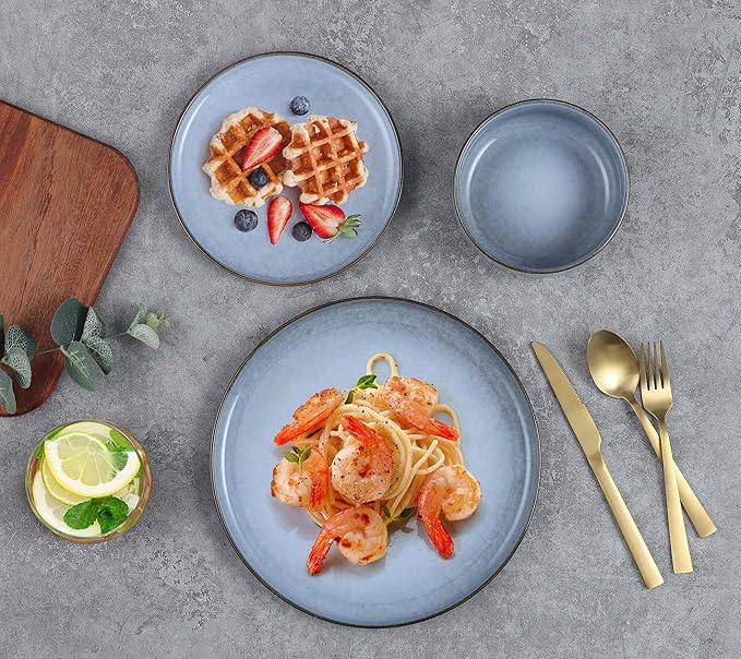 E-far Dinnerware Sets for 4 16-Piece Stoneware Plates and Bowls Set Reactive Glaze Dishes Dinning Ware Set Chip &amp Scratch Resistant Microwave &amp Dishwasher Safe - Ocean Blue
