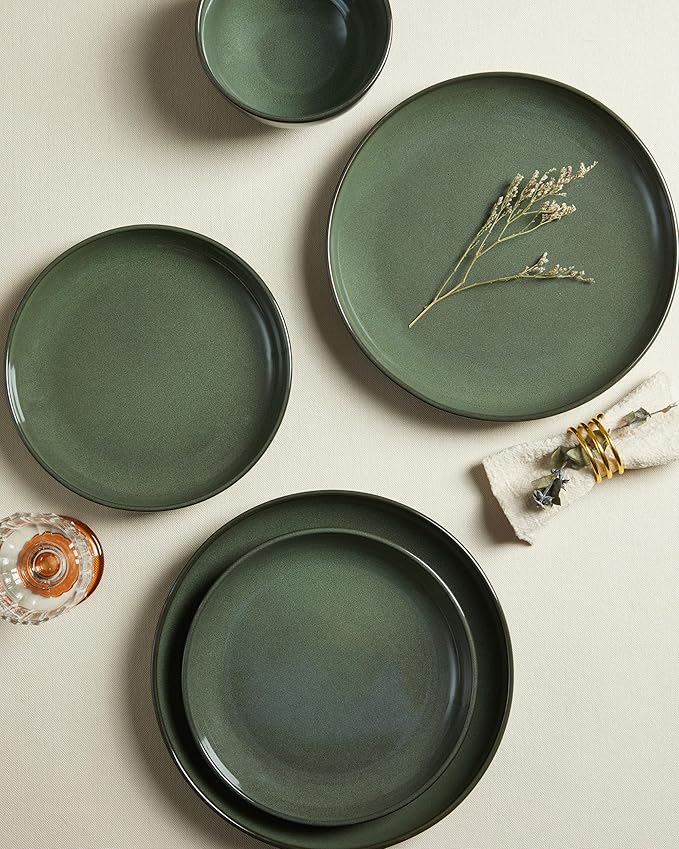 Plates and Bowls Sets for 8 24 Piece Dinnerware Set for Large Families &amp Entertaining Elegant Design Dishwasher &amp Microwave Safe Chip Resistant and Durable Forest Green