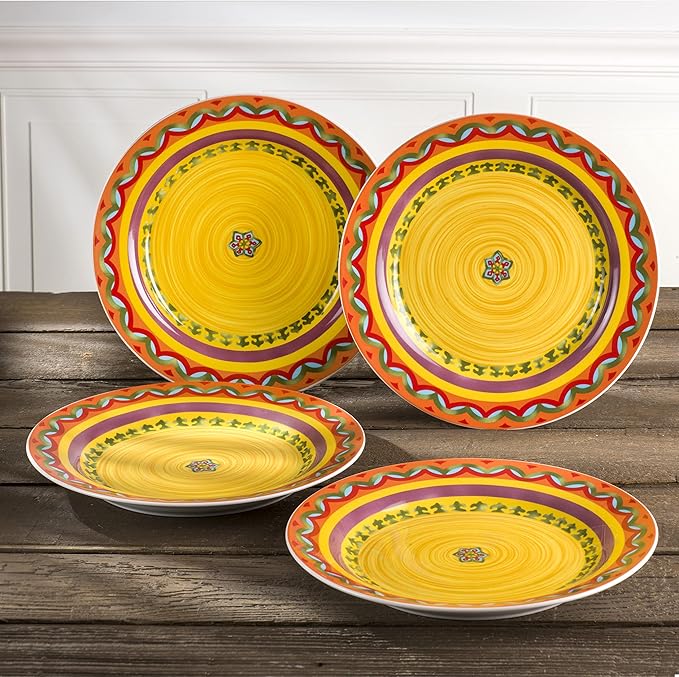 Euro Ceramica EC-GAL-1001 Galicia Collection Andalusian-Inspired 16 Piece Dinnerware Set Vibrant Assorted Patterns Multicolor