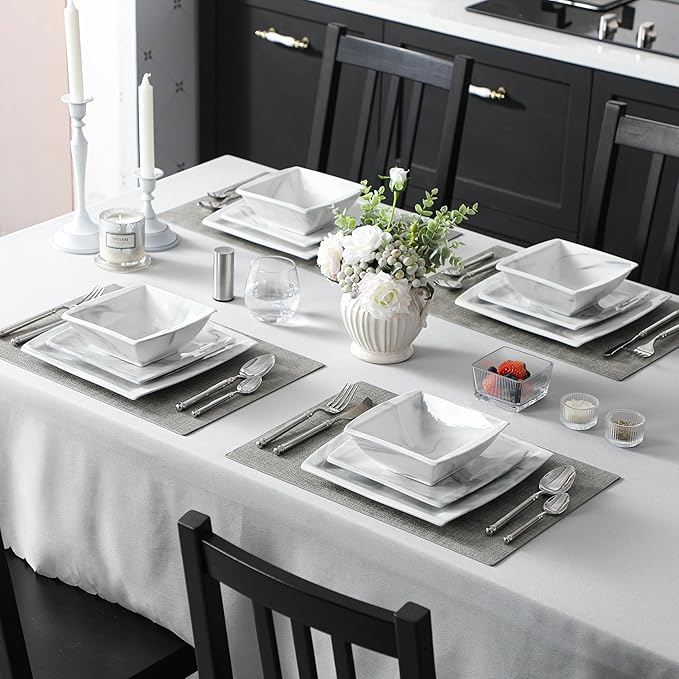 MALACASA Plates and Bowls Sets 12-Piece Porcelain Dinnerware Sets for 4 Square Plates and Bowls for Dessert Salad and Soup Ceramic Dishes Dining Dishware Set Marble Grey Series Blance