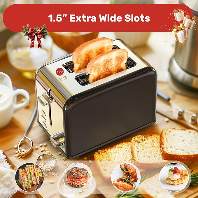 YSSOA Stainless Steel Toaster 2 Slice with Extra Wide Slot &amp Removable Crumb Tray 6 Shade Settings and Bagel/Defrost/Cancel Functions Compact Oven for Various Bread &amp Waffle Black (Pack of