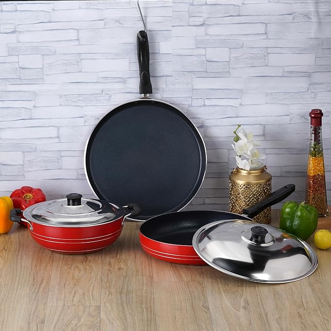 Sumeet 2.6mm Thick Non-Stick SORX Cookware Set (Dosa Tawa 26.5cm Dia + Kadhai with Lid 1.5Ltr Capacity- 20cm Dia + Fry pan 1.5Ltr Capacity 21cm Dia)