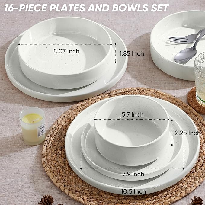 E-far 16-Piece Plates and Bowls Sets - Stoneware Dinnerware Sets with Pasta Bowls for 4 | Microwave &amp Dishwasher Safe Kitchen Modern Dish Set Speckled White