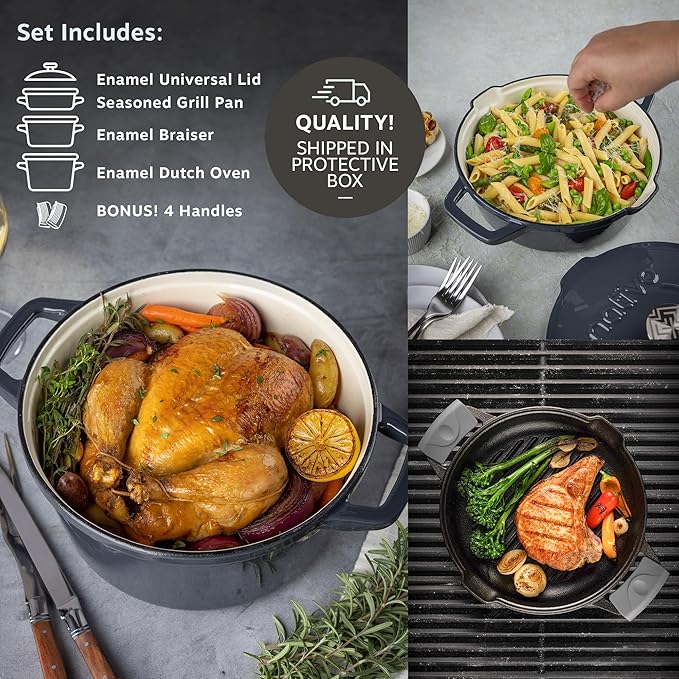 NATIVO 5 pc Stackable Cast Iron Cookware Set Versatile Enamel Dutch Oven Seasoned Grill Pan &amp Enamel Braiser with Precision Pour Spouts Universal Lid Included Spacers/Handle Holders Stormy Gr