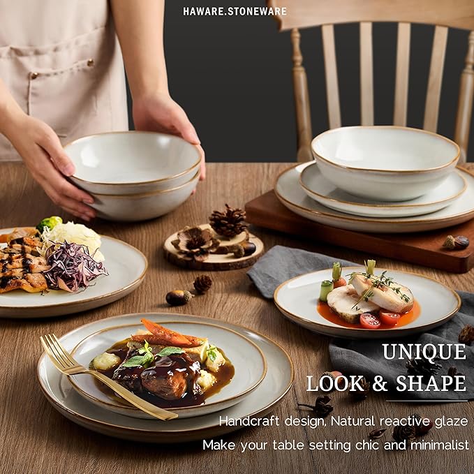 HaWare Plates and Bowls Set Stoneware Dinnerware Sets 18-Piece Hand-painted Dishware for 6 Scratch Resistant Ceramic Dinner Set for Home Kitchen Microwave and Dishwasher Safe Reactive Pearl White