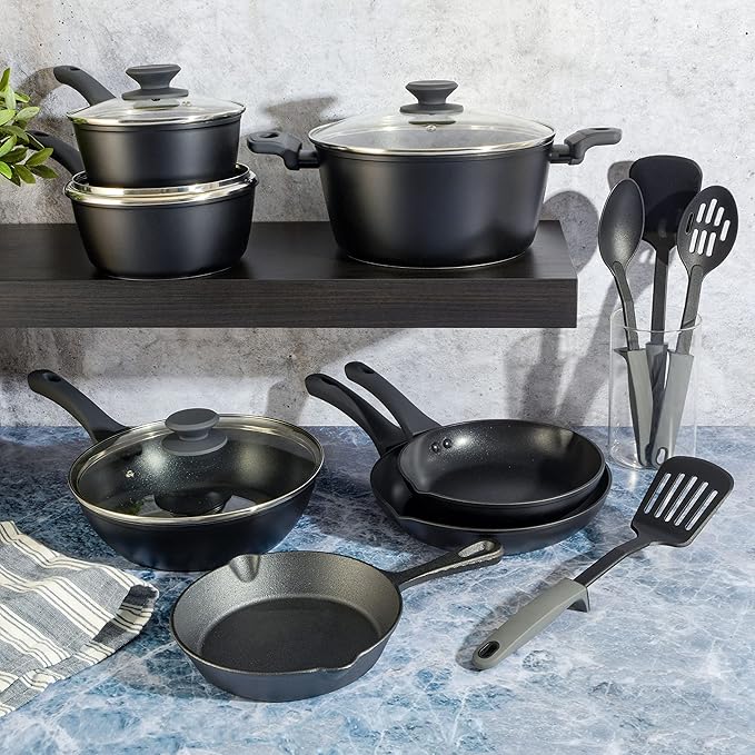 Gibson Soho Lounge Nonstick Forged Aluminum Induction Pots and Pans Cookware Set W/Cast Iron Skillet 15-Piece Set Black