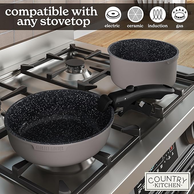 Country Kitchen Cookware Set with Removable Handle Oven &amp RV Safe Pots and Pans Set Grey/Black Original