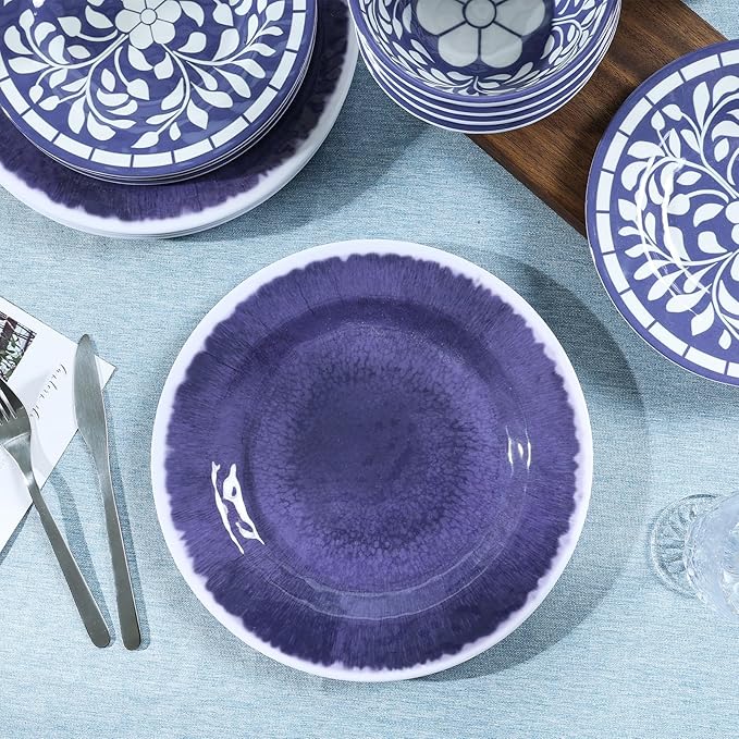 Melamine Dinnerware Set 12 Pieces Plates and Bowls Set Unbreakable Dish SetLightweightCampingDishwasher SafeService for 4 Blue-purple