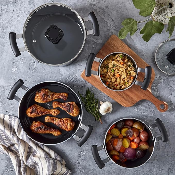 Denmark Tools for Cooks 7 Piece Ceramic Nonstick Aluminum Nesting Cookware Set Pots Pans Black