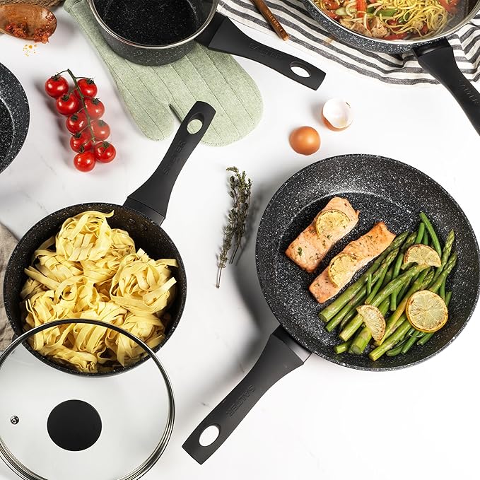 Salter BW06524S Non-Stick Frying Pan - 30cm Forged Aluminium Megastone Cooking Pan PFOA-Free Induction Suitable Corrosion-Resistant Dishwasher/Metal Utensil Safe Soft-Touch Handle Silver/Black