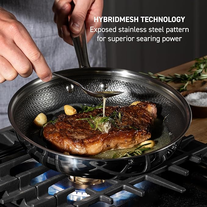 T-fal HybridMesh Tri-Ply Stainless Steel 3 Piece Frypan Cookware Set 8 10.25 12 Inch Induction Oven Safe 500F Metal Utensil Safe Pots and Pans Dishwasher Safe Needs Pre-Heating Silver/Black