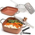Moss &amp Stone 6 Pcs Copper Chef Cookware Non Stick Deep Frying Pan 9.5 x 3.5 Fry Basket Steamer Rack Dishwasher &amp Oven Safe 5 Qt Deep Square Pot &amp Non Stick Pan Induction Copper Cook