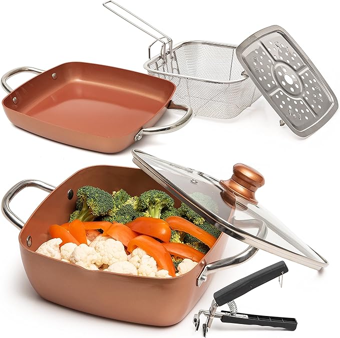 Moss &amp Stone 6 Pcs Copper Chef Cookware Non Stick Deep Frying Pan 9.5 x 3.5 Fry Basket Steamer Rack Dishwasher &amp Oven Safe 5 Qt Deep Square Pot &amp Non Stick Pan Induction Copper Cook