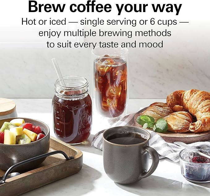 Hamilton Beach Home Barista 7-in-1 Small Coffee Maker with Seven Ways to Brew 6 Cup Carafe Drip Single Serve French Press Pour Over Cold Brew Easy-Fill Reservoir Black (46251)