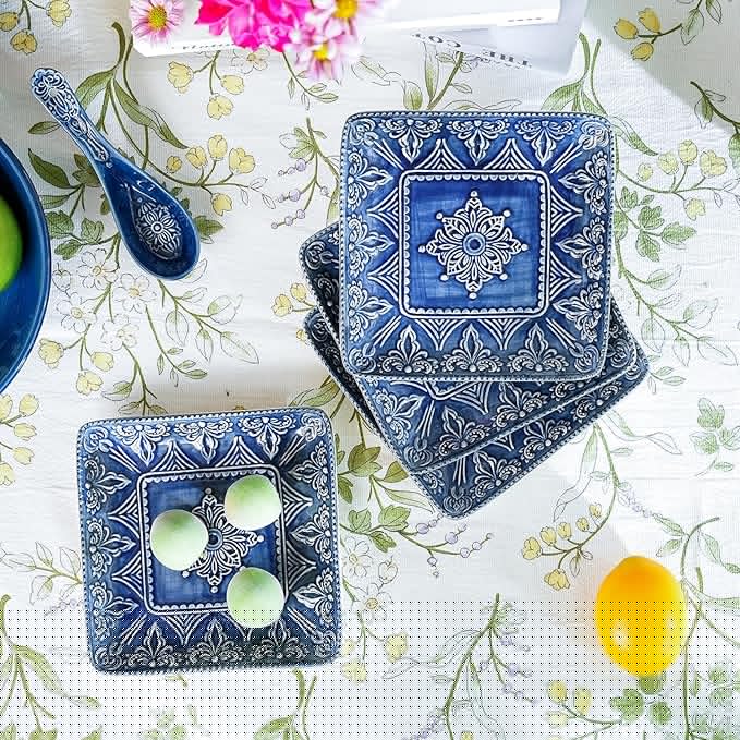 Sungmor Embossed Stoneware Fine Dining Dinnerware Antique Baroque Style Porcelain 6 Inch Square Appetizer Plates Set of 4 Sophisticated Ceramic Small Dinner Plates Serving Dish for Dessert Salad