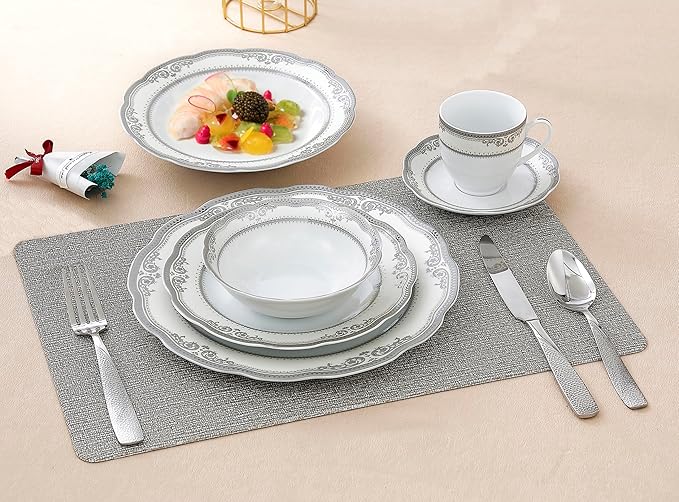 Lorren Home Trends Victoria-24 24 Piece Victoria Design Porcelain Wavy Edge Dinnerware Set White