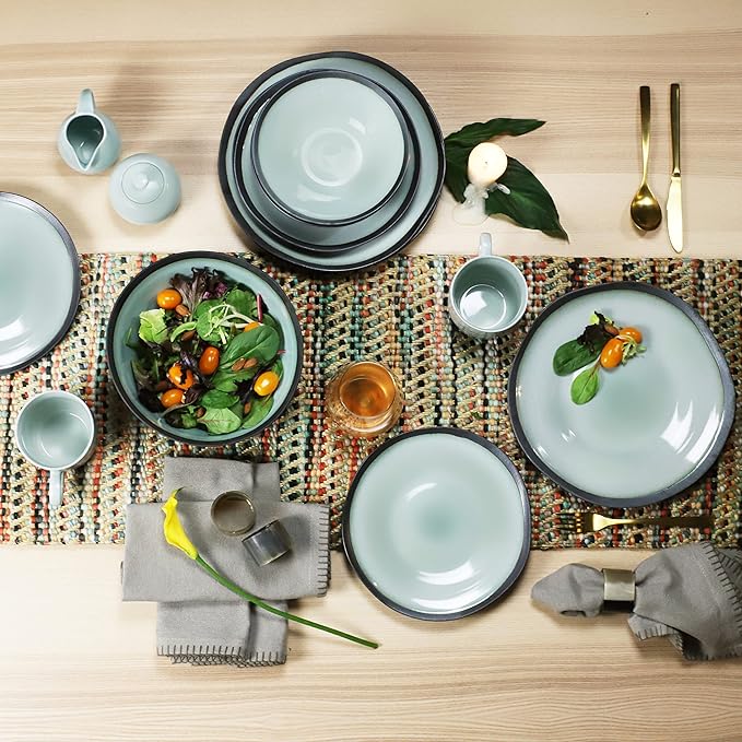 Euro Ceramica Euro Ceramica DIA-1001 Diana 16 Piece Modern Dinnerware Set Dinner Salad Plate Soup Bowl Mug Service for 4 Mint Green/Graphic Grey