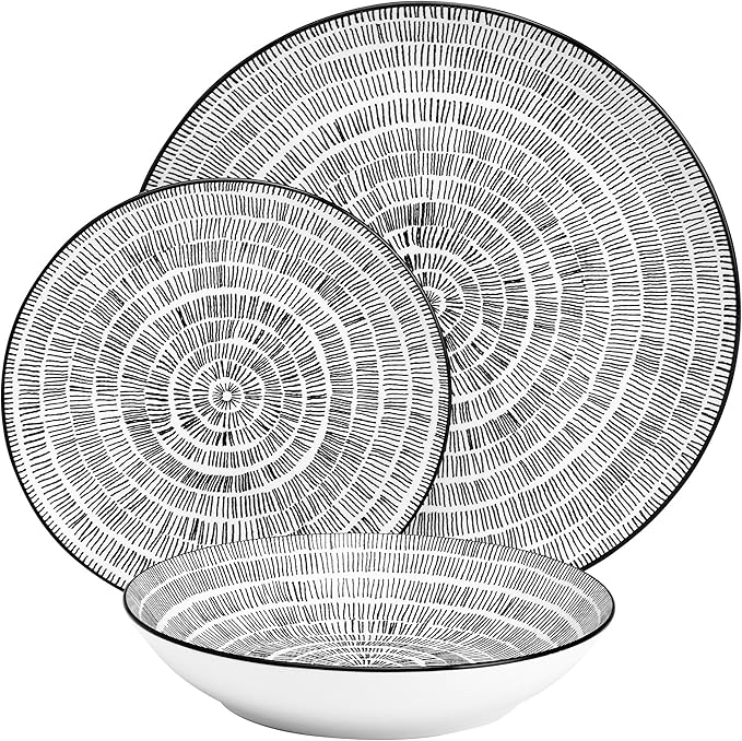 Pfaltzgraff Sketch Serenade Geometric 12 Piece Plates Bowls Dinnerware Set Black and White