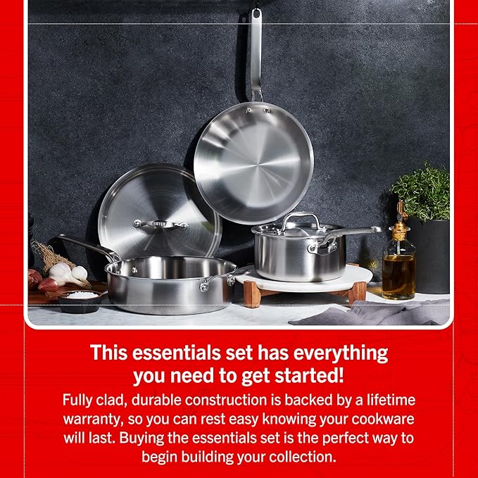 Heritage Steel Eater Series 5 Piece Essentials Set | Made in USA | 5 Ply Fully Clad Stainless Steel Cookware Set | Stay Cool Handle | Induction Ready &amp Non-Toxic